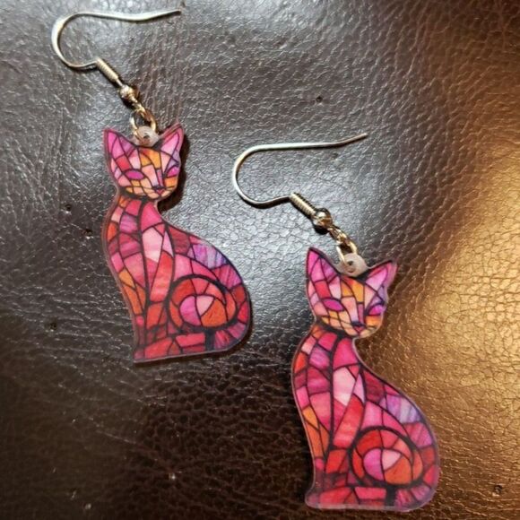 Pink Stained Glass CAT Earrings Dangle Acrylic - Picture 3 of 4